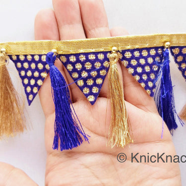 Gold Fringe Bunting Trim In Royal Blue & Gold Check Pattern With Royal Blue And Copper Thread Tassels, Decorative Trim, Tassels Trim